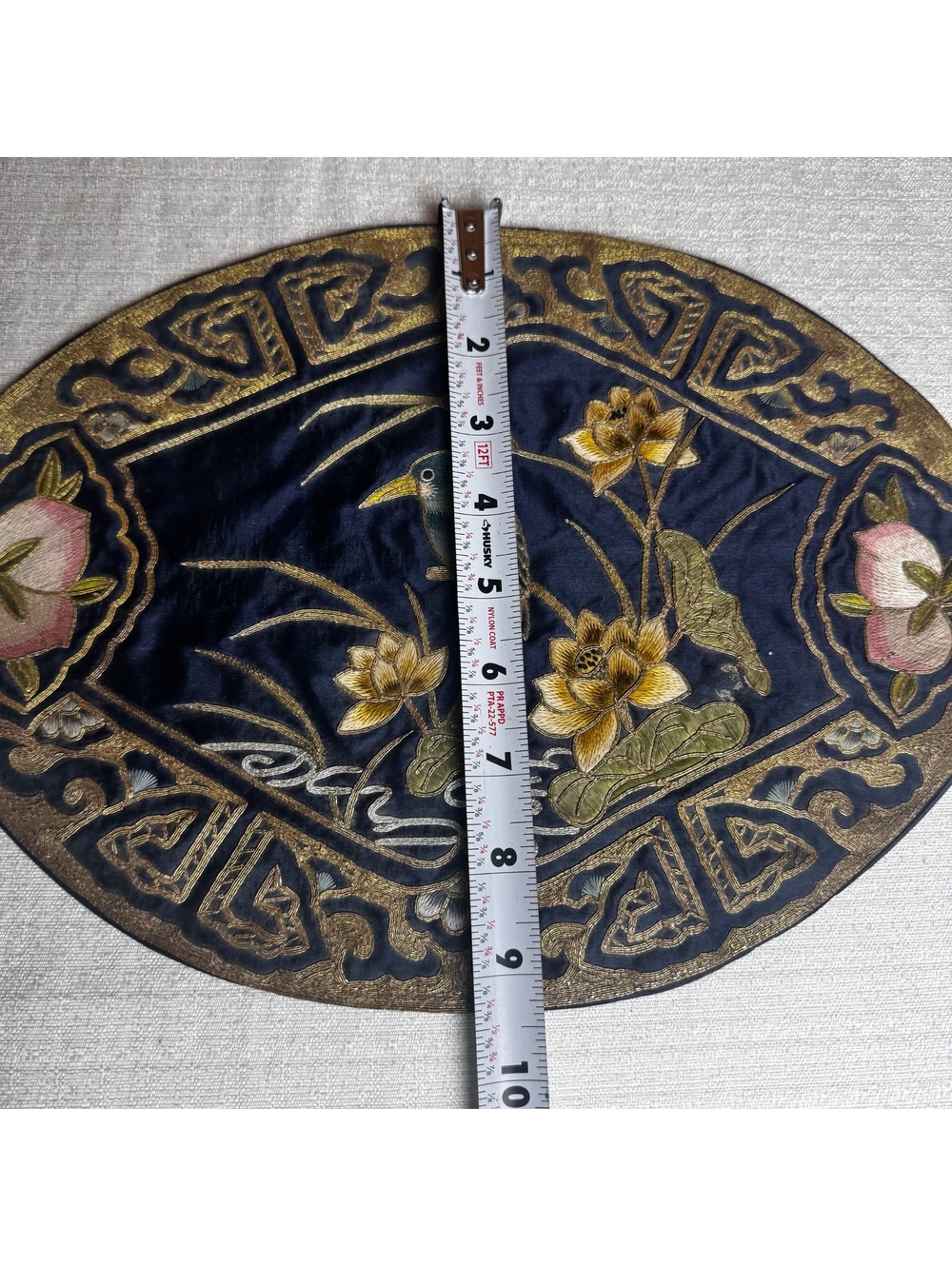 Vintage Embroidered Bird & Lotus Textile Art Navy Blue Silk-Like Oval Wall Decor - Picture 7 of 8